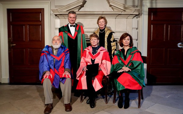 (L-R, front) Poet Thomas Kinsella, Galway historian Catherine Corless, American physicist Michal Lipson. (L-R, rear) Dr. Patrick Pendergast, provost of Trinity College, and Dr. Mary Robinson, chancellor of the University of Dublin, at the honorary doctorate ceremony.