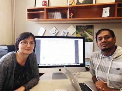 Smaranda Muresan and Debanjan Ghosh won third place for their natural language processing project. (Not pictured: Weiwei Guo)
