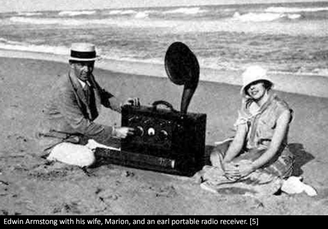 Edwin Armstrong with his wife, Marion, and an early portable radio receiver.