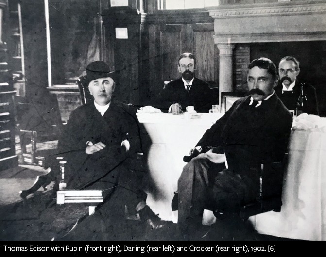 Thomas Edison with Pupin (front right), Darling (rear left) and Crocker (rear right), 1902.
