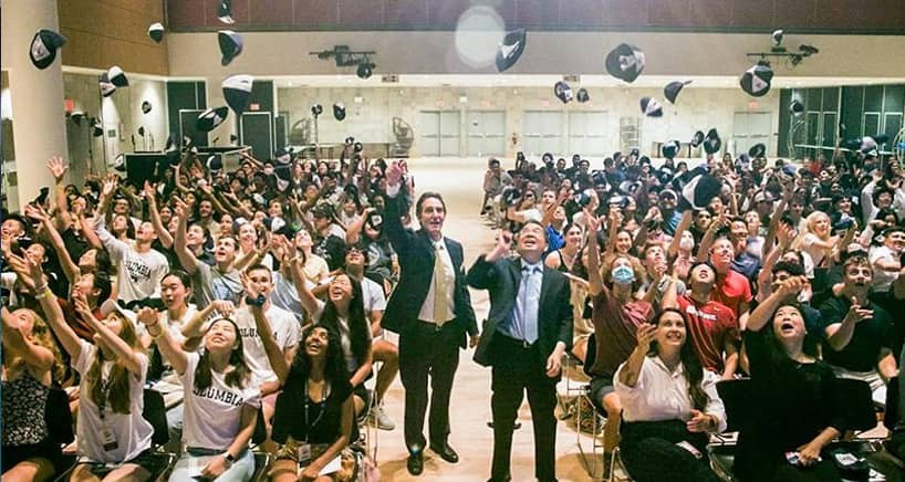 The Class of 2026 raise their beanies, a longstanding Columbia Engineering tradition.