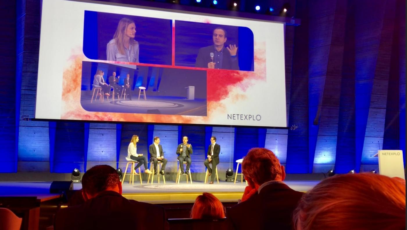 Dr. Mesgarani speaks on stage at the Netexplo Innovaton Forum in Paris (Photo courtesy Nima Mesgarani)