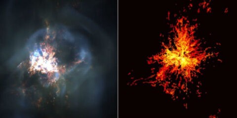 Modeling natural processes requires massive computer power. At the center of the distant Perseus cluster of galaxies sits a supermassive black hole driving the cyclic heating and cooling of gases. In the above simulation, hot gases emitting X-ray light (left) are juxtaposed against the cooling phase (right). It took a supercomputer 200 hours to produce this simulation. (Greg Bryan and Yuan Li/Department of Astronomy)