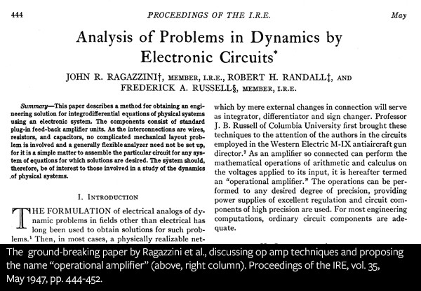 The ground-breaking paper by Ragazzini et al., discussing op amp techniques and proposing the name “operational amplifier” (above, right column). Proceedings of the IRE, vol. 35, May 1947, pp. 444-452.