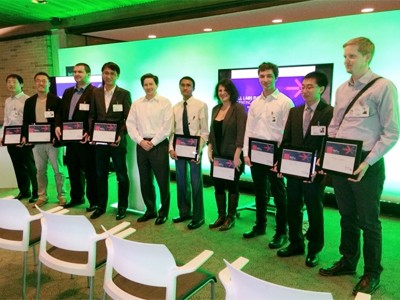 Three electrical engineering students were finalists in the Bell Labs student research competition. Pictured third from the left, Tolga Dinc, followed by Jin Zhou. Pictured, center: Rabia Tugce Yazicigil.
—Photo courtesy of Bell Labs