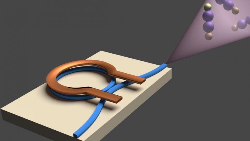 Schematic of silicon microresonator generating a frequency comb that samples molecules for chemical identification. —Image credit: Alexander Gaeta/Columbia Engineering Schematic of silicon microresonator generating a frequency comb that samples molecules for chemical identification.
—Image credit: Alexander Gaeta/Columbia Engineering