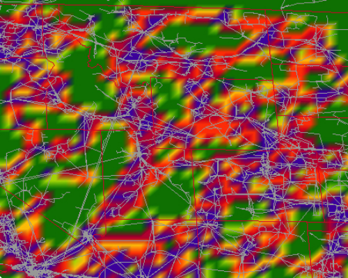 In an analysis of a large swath of the western U.S. grid, Columbia researchers found that much of the region would be vulnerable to varying levels of attack. An attack within the blue zone, the most vulnerable area, would knock out 10 percent of the grid. Larger attacks would be necessary to cause equivalent damage in the purple, orange and red zones. (IEEE Infocom '14) Western US Grid