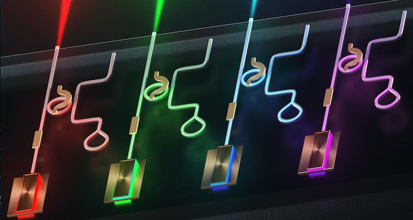 Illustration of the integrated laser platform created by the Lipson Nanophotonics Group, where a single chip generates narrow linewidth and tunable visible light covering all colors. Credit: Myles Marshall/Columbia Engineering