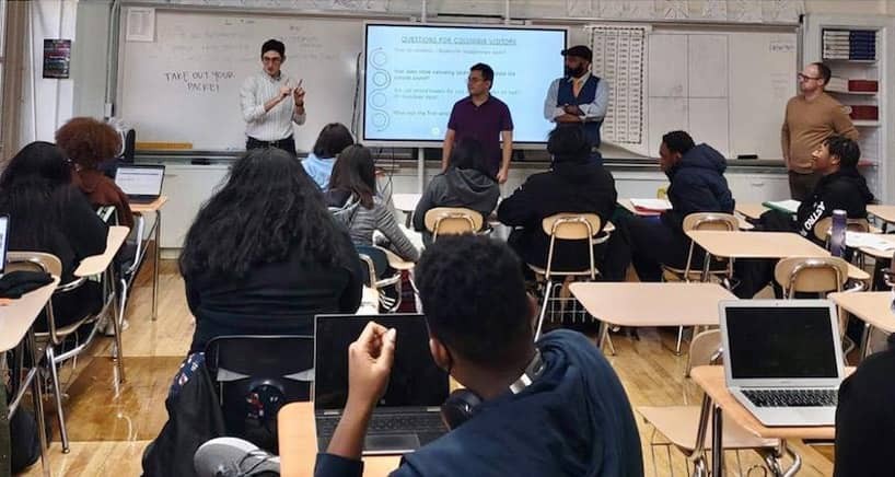 Brandi Kovac’s class at Columbia Secondary School discussing the testbed. Credit: Columbia Engineering Office of Outreach randi Kovac’s class at Columbia Secondary School discussing the testbed. Credit: Columbia Engineering Office of Outreach