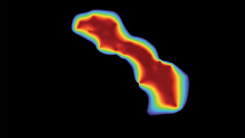 Optical reflectance spectral analysis with AI to measure ablation lesion dimensions to treat cardiac arrhythmias. Areas without lesions are shown in blue, lesions in red. Optical reflectance spectral analysis with AI to measure ablation lesion dimensions to treat cardiac arrhythmias. Areas without lesions are shown in blue, lesions in red.
