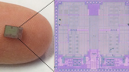 CoSMIC (Columbia high-Speed and Mm-wave IC) Lab full-duplex transceiver IC that can be implemented in nanoscale CMOS to enable simultaneous transmission and reception at the same frequency in a wireless radio
—Image courtesy of Jin Zhou and Harish Krishnaswamy