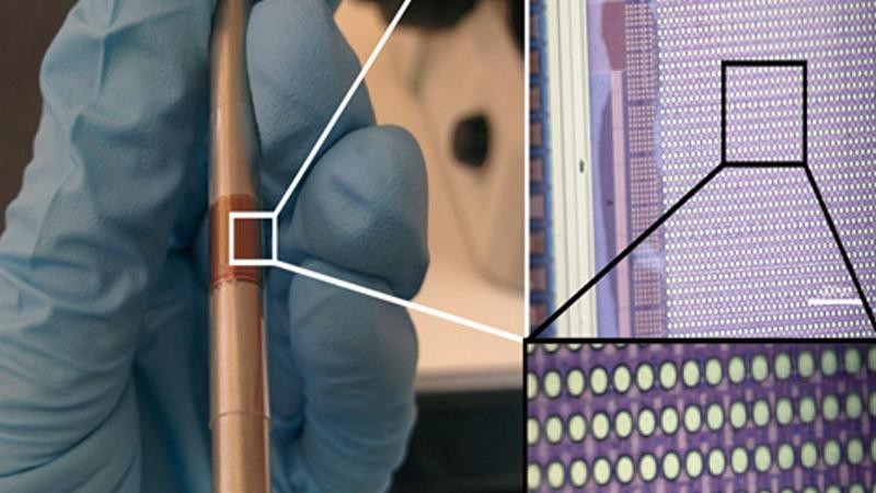 A flexible multielectrode array designed by Shepard and his team. If successful, this noninvasive device could alter the lives of people with hearing and visual impairments and neurodegenerative diseases.