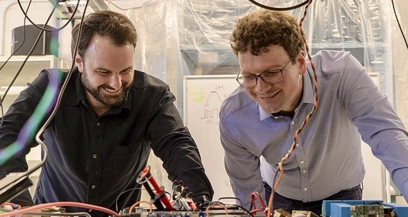 Preindl and Pennington discuss software-defined power electronics in MPlab. Credit: Jane Nisselson/Columbia Engineering