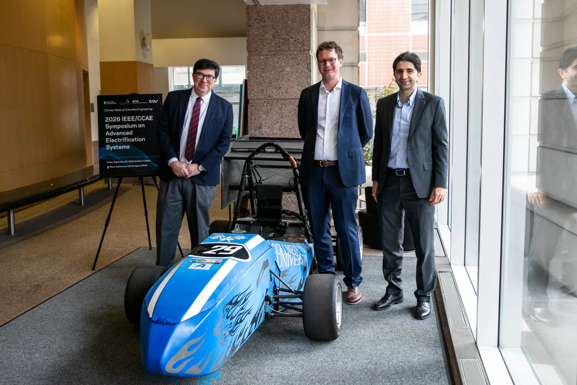 From left to right: Vice Dean for Research George Deodatis, CCAE Director and Associate Professor of Electrical Engineering Matthias Preindl, and Navid Rahbariasr, CCAE Managing Director and Associate Research Scientist of Electrical Engineering (Credit: David Dini/Columbia Engineering)