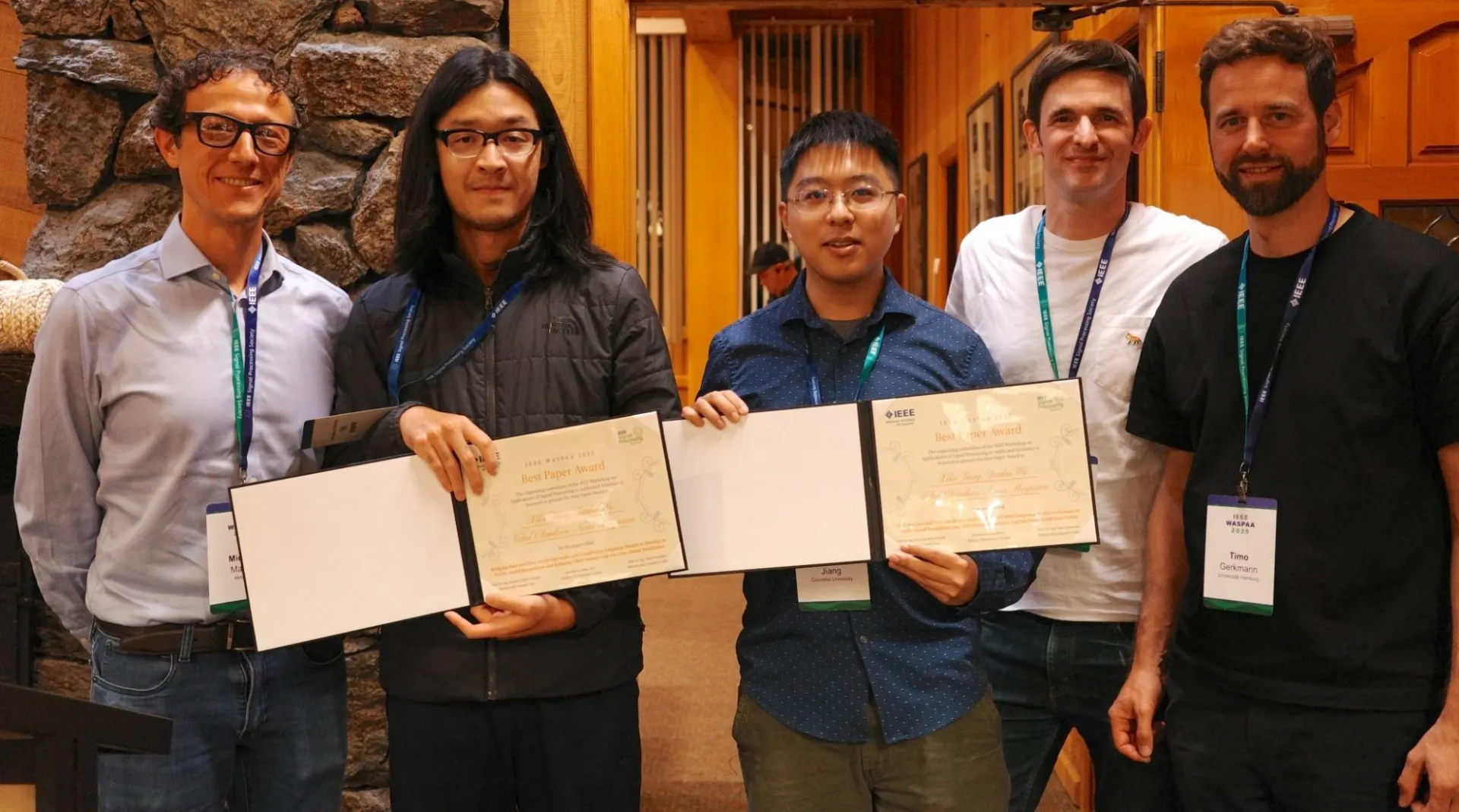 From left to right: Michael I Mandel (Research Scientist, Meta Reality Lab, Best Paper Award Sponsor), Junkai Wu (PhD student, University of Washington, Co-author), Xilin Jiang (EE PhD student, Columbia University), Jonathan Le Roux (Distinguished Research Scientist, Mitsubishi Electric Research Labs, General Co-chair), Timo Gerkmann (Professor, University of Hamburg, General Co-chair)