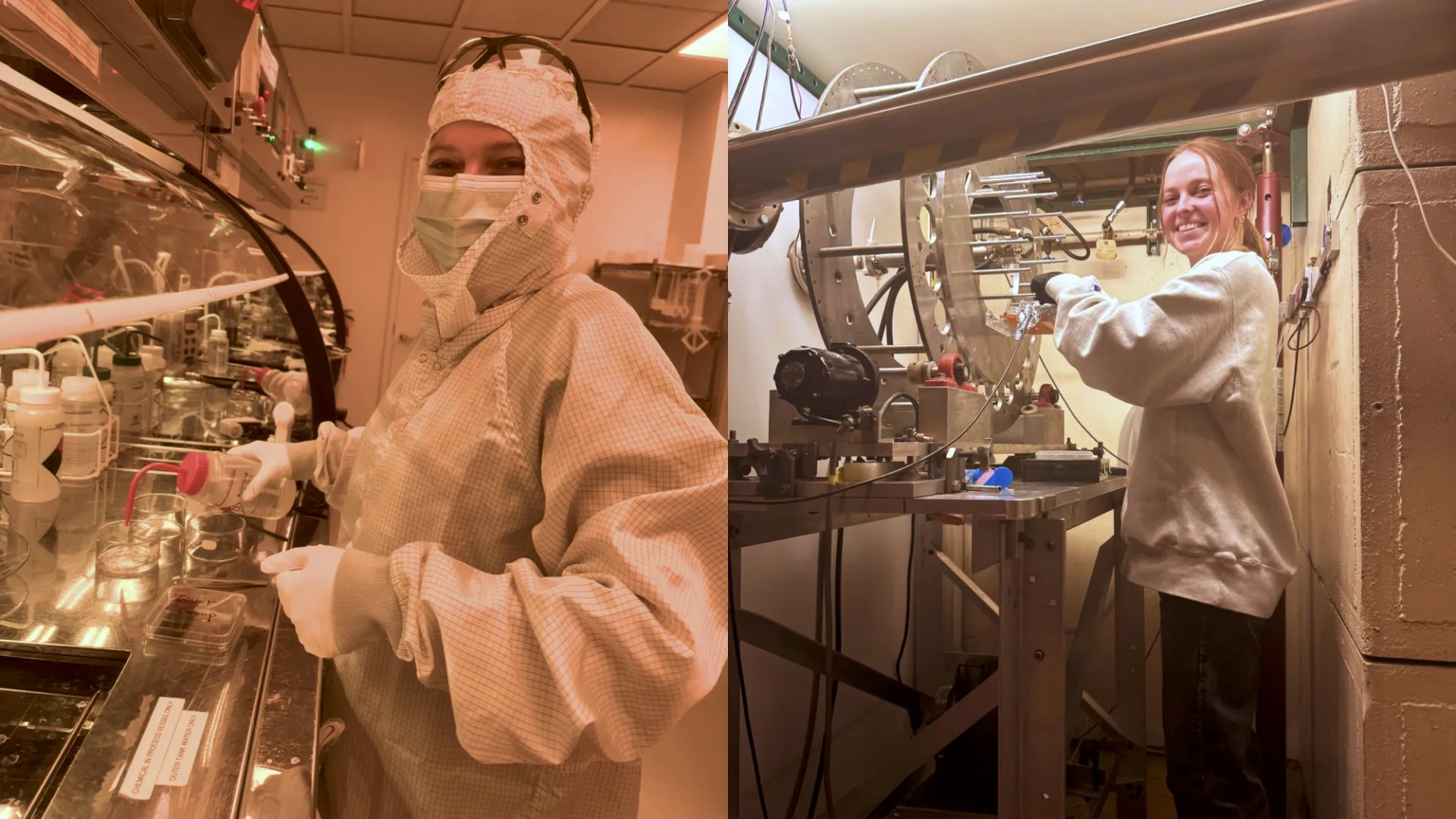 As part of a previous research project, Cierra Anderson fabricated high-temperature radiation sensors at the Columbia Nano Initiative (CNI) (left) and conducted testing at Columbia’s Radiological Research Accelerator Facility (RARAF) (right).