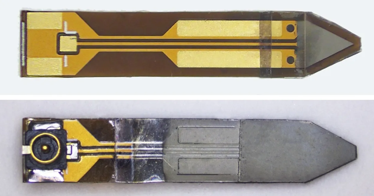 Image credit: Emma Wawrzynek/MIT
The top image shows the sensor before depositing the ground layer, with the triangular electrode in view, and the bottom image shows a finished sensor.