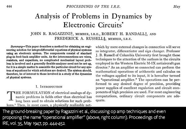 The ground-breaking paper by Ragazzini et al., discussing op amp techniques and even proposing the name “operational amplifier” (above, right column). Proceedings of the IRE, vol. 35, May 1947, pp. 444-452.