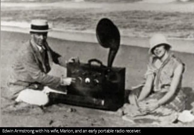 Edwin Armstrong with his wife, Marion, and an early portable radio receiver.