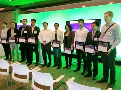 Three electrical engineering students were finalists in the Bell Labs student research competition. Pictured third from the left, Tolga Dinc, followed by Jin Zhou. Pictured, center: Rabia Tugce Yazicigil.
—Photo courtesy of Bell Labs