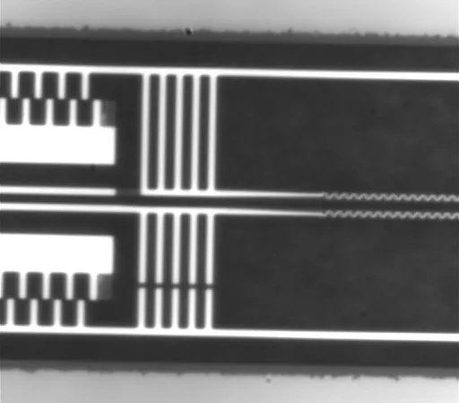 Video of the high-precision micro-electromechanical system (MEMS) used to control the distance between two beams at different temperatures. The video is taken under a high magnification microscope. The whole video frame dimension is comparable to the diameter of a a strand of human hair.